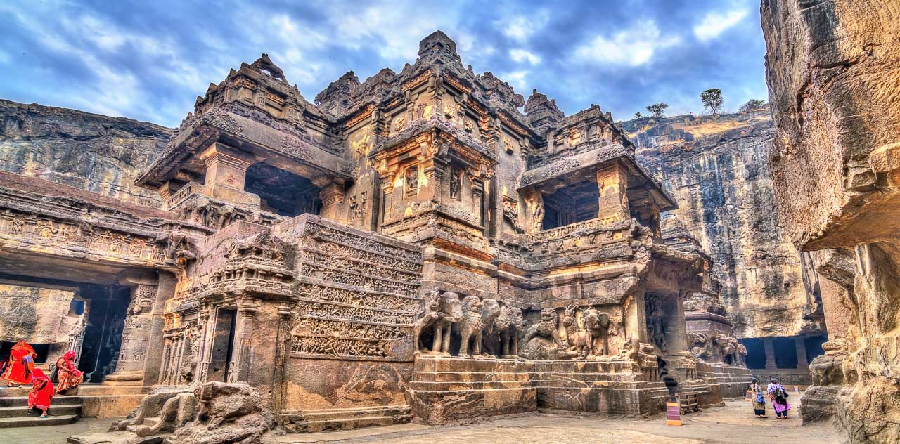 Dashavatara Cave at Ellora Caves — sculpted facade with elephant frieze