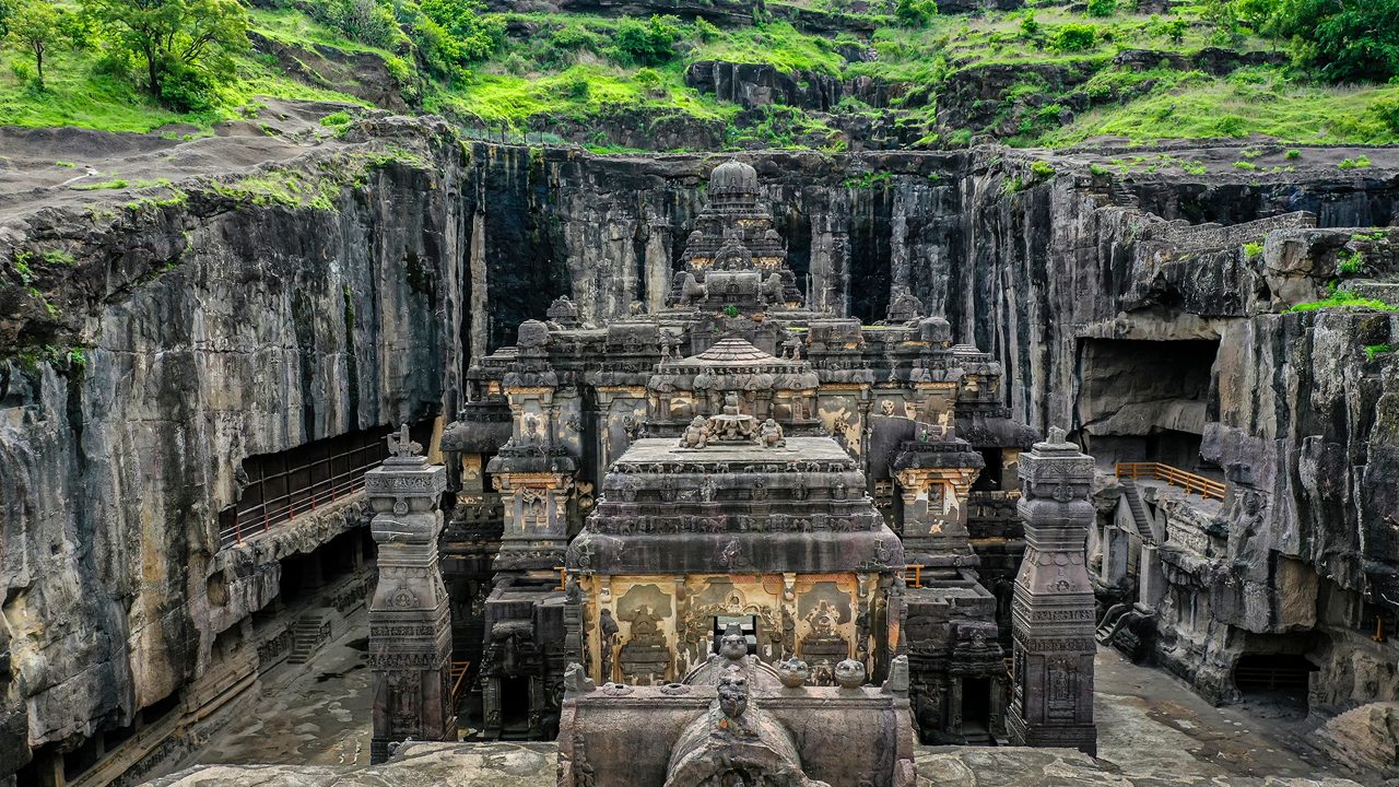 Kailasa Temple at Ellora Caves — aerial view of the UNESCO World Heritage complex